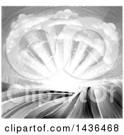 Clipart Of A Vintage Black And White Engraved Or Woodcut Cloud And Sunrise Sky Over Farmland Royalty Free Vector Illustration
