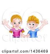 Poster, Art Print Of Happy Caucasian Brother And Sister Waving