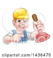 Poster, Art Print Of Cartoon Happy White Male Plumber Holding A Plunger And Pointing