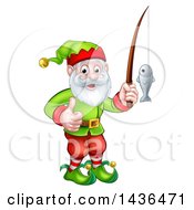 Poster, Art Print Of Happy Garden Gnome Or Christmas Elf Giving A Thumb Up And Fishing