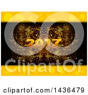 Poster, Art Print Of Gold 2017 New Year Numbers Over A Pixel Mosaic With Borders Of Yellow Bubbles Or Flares