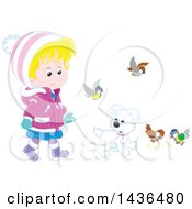 Poster, Art Print Of Blond Caucasian Girl In Winter Clothing Walking A Puppy Dog On A Leash With Birds Around