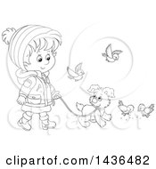 Poster, Art Print Of Black And White Lineart Little Girl In Winter Clothing Walking A Puppy Dog On A Leash With Birds Around