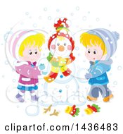 Poster, Art Print Of Happy Blond Caucasian Brother And Sister Building A Snowman