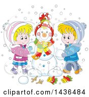 Poster, Art Print Of Cartoon Blond White Brother And Sister Building A Snowman