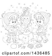 Clipart Of A Black And White Lineart Happy Brother And Sister Building A Snowman Royalty Free Vector Illustration