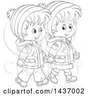 Cartoon Black And White Lineart Happy Boy And Girl Holding Hands And Taking A Winter Walk