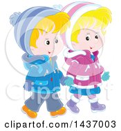 Poster, Art Print Of Cartoon Happy Caucasian Boy And Girl Holding Hands And Taking A Winter Walk