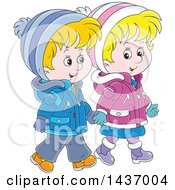 Poster, Art Print Of Cartoon Happy White Boy And Girl Holding Hands And Taking A Winter Walk