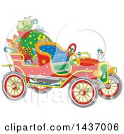 Cartoon Vintage Antique Christmas Car With A Santa Sack And Gifts
