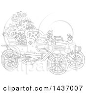 Poster, Art Print Of Black And White Lineart Antique Christmas Car With A Santa Sack And Gifts