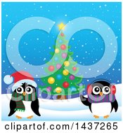 Clipart Of Christmas Penguins By A Tree Royalty Free Vector Illustration