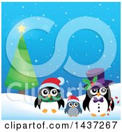 Clipart Of Christmas Penguins By A Tree Royalty Free Vector Illustration