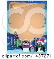 Clipart Of Christmas Penguin Family With A Parchment Scroll Tree And Mountains Royalty Free Vector Illustration