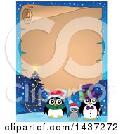 Poster, Art Print Of Christmas Penguin Family With A Parchment Scroll Tree And Mountains