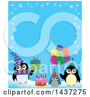Poster, Art Print Of Party Penguins Border With A Gift Cake And Balloons
