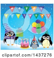 Poster, Art Print Of Party Penguins With A Gift Cake And Balloons