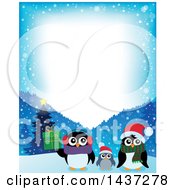 Poster, Art Print Of Christmas Penguin Family With A Border Of Snowflakes And Mountains
