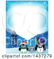 Clipart Of Christmas Penguin Family With A Border Of Snowflakes And Mountains Royalty Free Vector Illustration