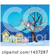 Clipart Of A Bare Tree With A Family Of Owls In A Winter Village Royalty Free Vector Illustration