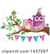 Poster, Art Print Of Party Owls On A Spring Branch With A Bunting Banner