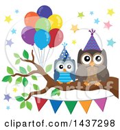 Poster, Art Print Of Party Owls On A Branch With Balloons And A Bunting Banner