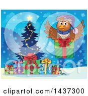 Christmas Owl Flying With A Present Over A Tree And Gifts