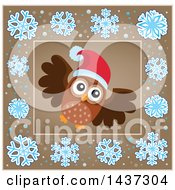 Poster, Art Print Of Christmas Owl Inside A Brown Snowflake Frame