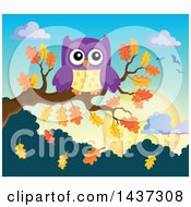 Clipart Of A Purple Owl On An Autumn Oak Branch Royalty Free Vector Illustration