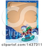 Clipart Of A Snowman Snowboarding Over A Parchment Scroll Royalty Free Vector Illustration