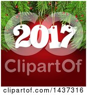 Poster, Art Print Of Suspended New Year 2017 Numbers From Tree Branches Over Red