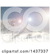 Clipart Of A 3d Winter Landscape Of Snow Covered Hills Trees And And Fun Flares Royalty Free Illustration