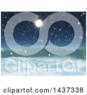 Poster, Art Print Of 3d Winter Landscape Of Snow Covered Hills Shrubs Or Trees And A Full Moon