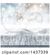 Clipart Of A 3d Wood Deck With A Winter Landscape And Flares Royalty Free Illustration