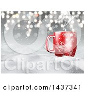 Clipart Of A 3d Hilly Winter Snow Landscape With A Steamy Hot Cup Of Coffee Over Gray And Flares Royalty Free Illustration