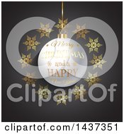 Poster, Art Print Of Merry Christmas And A Happy New Year Greeting On A 3d Bauble In A Frame Of Gold Snowflakes Over Gray