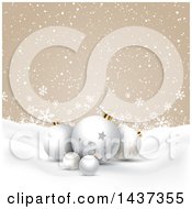 Poster, Art Print Of Christmas Background With Snow And 3d Bauble Ornaments Over Tan And Snowflakes