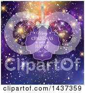 Poster, Art Print Of Merry Christmas And A Happy New Year Tag Hanging Over Bokeh Flares And Snowflakes On Purple