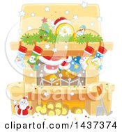 Clipart Of A Decorated Christmas Hearth Fireplace With Santas Feet Royalty Free Vector Illustration