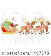 Poster, Art Print Of Team Of Christmas Reindeer Ulling Santa In A Sleigh