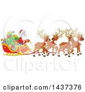 Cartoon Team Of Magic Christmas Reindeer Ulling Santa In A Sleigh