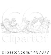 Poster, Art Print Of Cartoon Black And White Lineart Team Of Magic Christmas Reindeer Ulling Santa In A Sleigh
