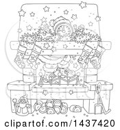 Cartoon Black And White Lineart Decorated Christmas Hearth Fireplace With Santas Feet