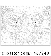 Clipart Of A Black And White Lineart Happy Brother And Sister Building A Snowman On A Winter Day Royalty Free Vector Illustration
