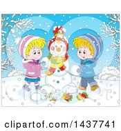 Poster, Art Print Of Cartoon Blond White Brother And Sister Building A Snowman On A Winter Day