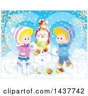 Poster, Art Print Of Happy Blond Caucasian Brother And Sister Building A Snowman On A Winter Day