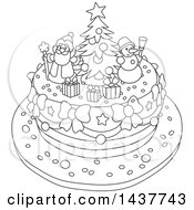 Poster, Art Print Of Cartoon Black And White Lineart Festive Christmas Cake With Tree Snowman And Santa Toppers