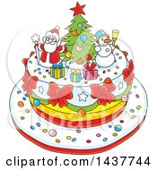 Poster, Art Print Of Cartoon Festive Christmas Cake With Tree Snowman And Santa Toppers