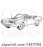 Poster, Art Print Of Black And White Lineart 1971 Hemi Plymouth Barracuda Convertible Muscle Car