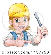 Poster, Art Print Of Cartoon Happy White Female Electrician Wearing A Hardhat Holding Up A Screwdriver And Pointing